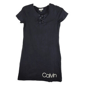 Calvin Klein Blue Aline Tshirt Dress Lace Up Women Size M Short Sleeve Casual